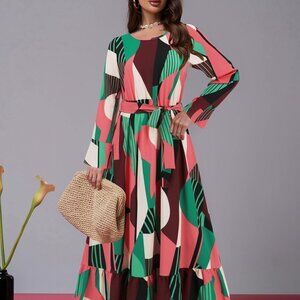 Ruffle Hem Tied Printed Long Sleeve Dress